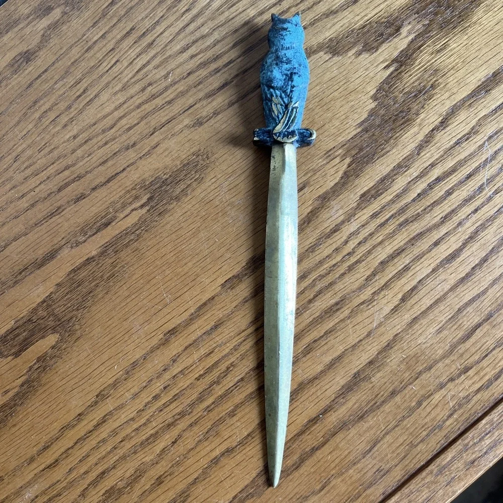 Vintage MCM Heavy Brass Owl Letter Opener Patina‎ Ornate 8.5